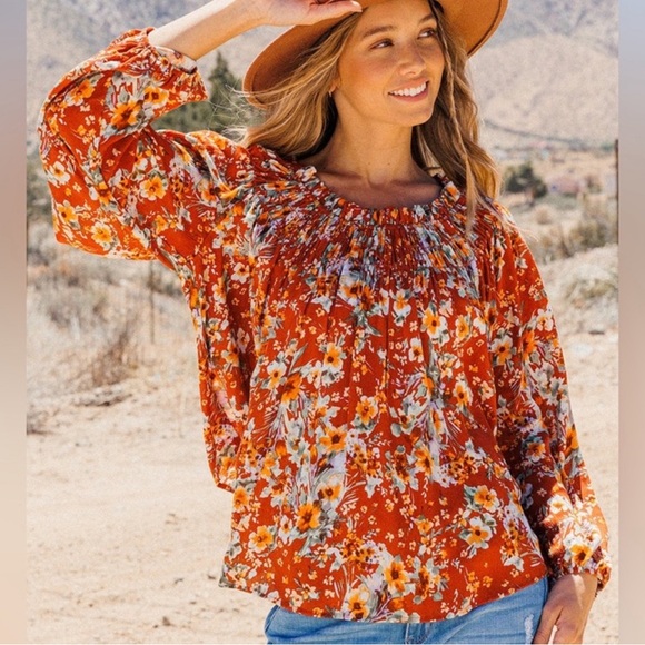 Bohemian Off the Shoulder Rust Orange Floral Top | Lightweight & Stylish - Picture 6 of 6